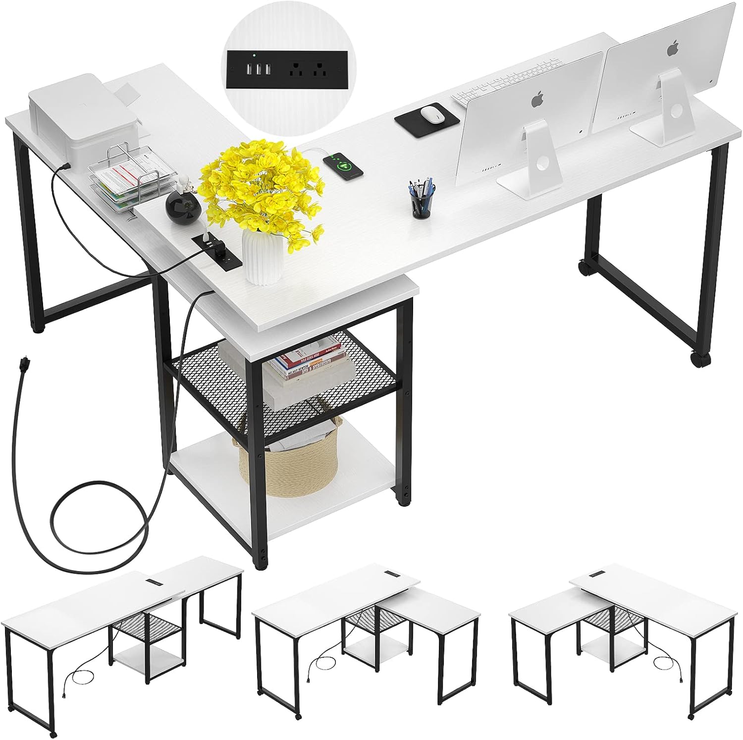 L Shaped Desk with Outlets and USB Ports, 71 Inch, Gray R243409