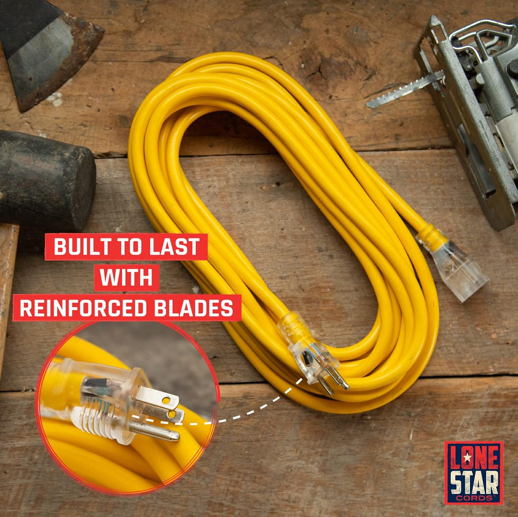 Yellow 12/3 SJTW Lighted Extension Cord, 100 Foot, 3 Prong Grounded Plug, 12 Gauge Cable, Pack of 2 D57297