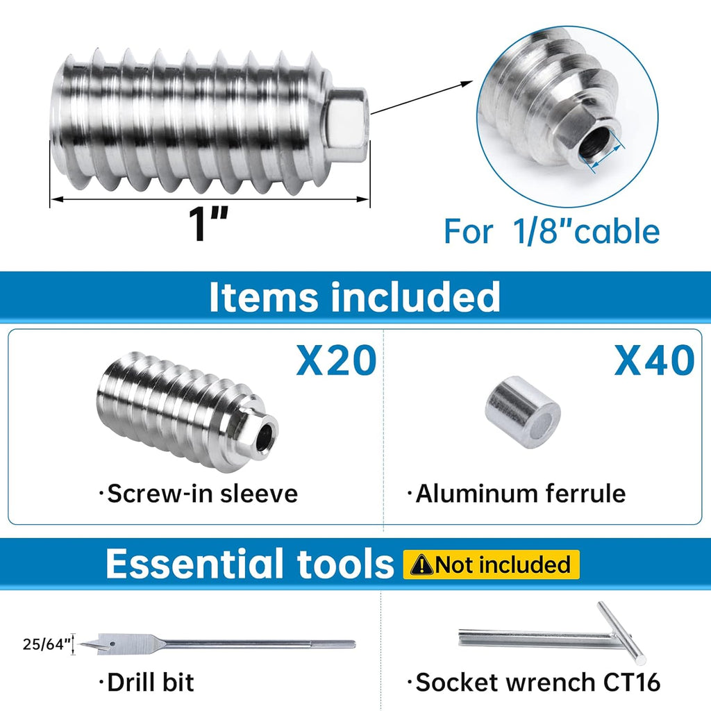 20Pack 1/8" Invisible Cable Railing Kit T316 Stainless Steel for Wood Posts Deck Stairs G3041