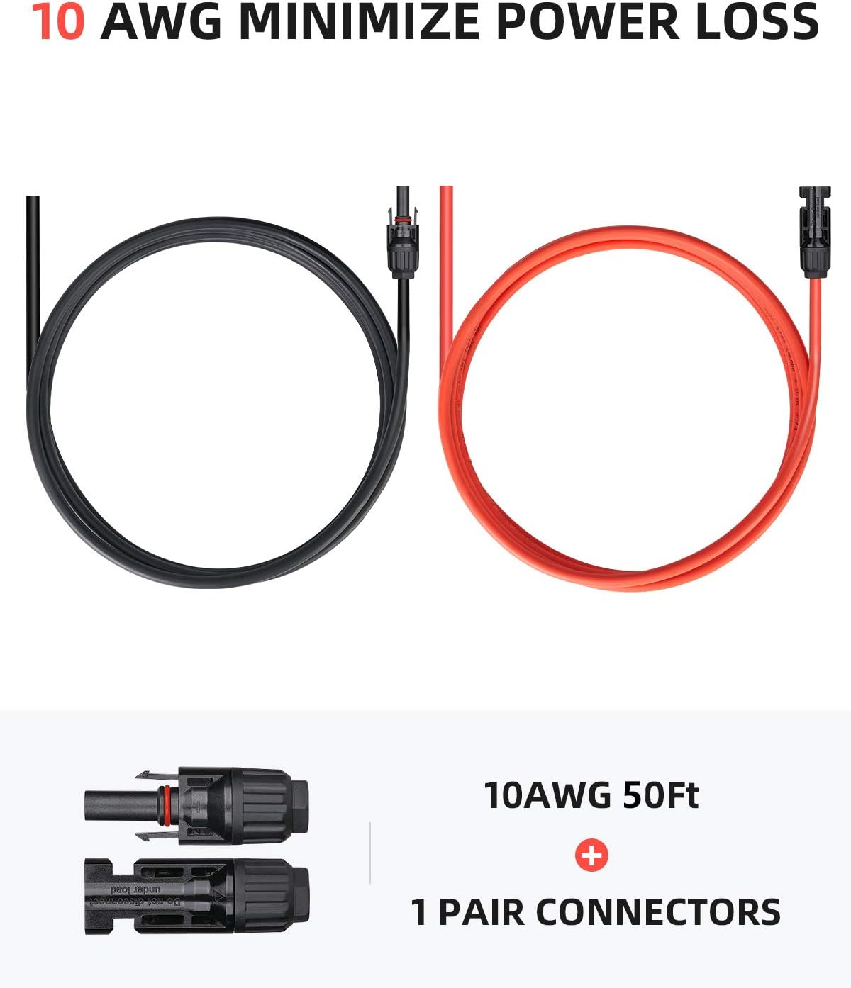 50 Feet 10AWG Solar Extension Cable with Female and Male Connector, Red and Black Z761