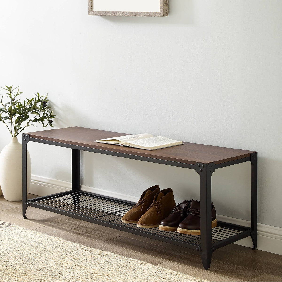 Urban Industrial Angle Iron Entry Bench Dark Walnut Z1896