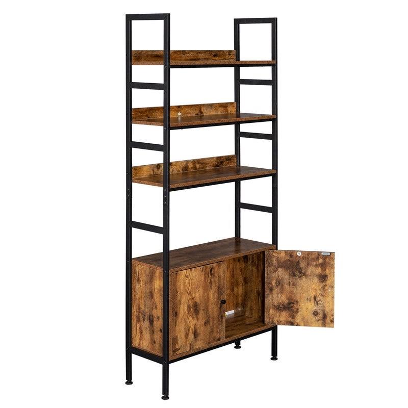 4-Tier Industrial Bookcase with Cabinets - Brown W14492