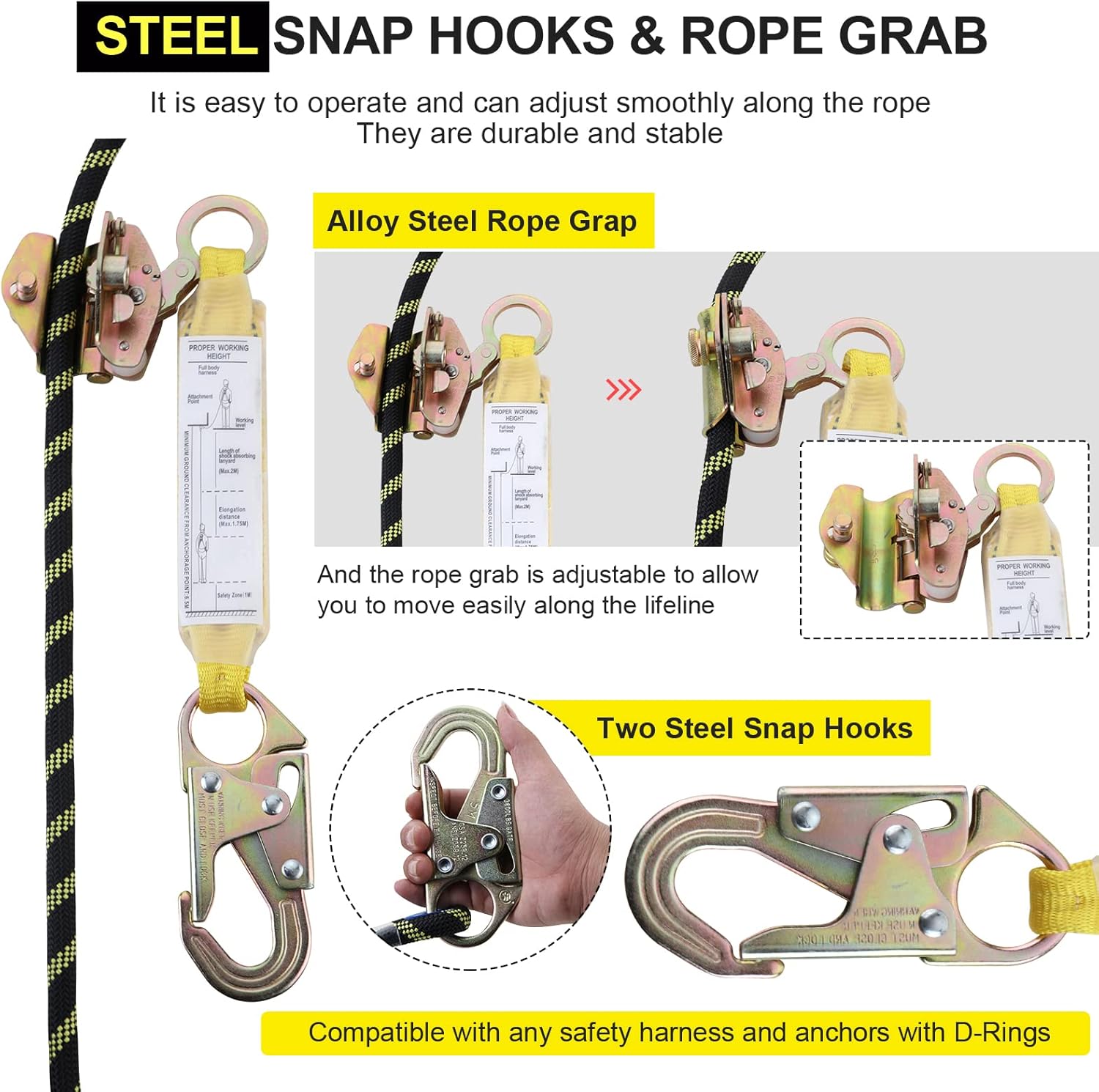Rope Assembly 25 ft with Rope Grab Snap Hooks Shock Absorber CE Standard A47980