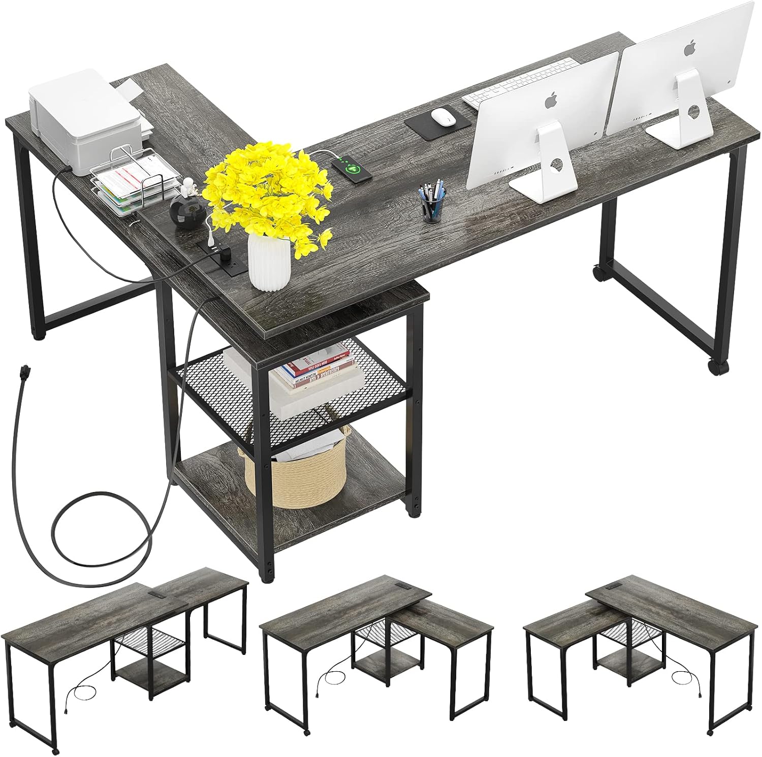 L Shaped Desk with Outlets and USB Ports, 71 Inch, Gray R243409