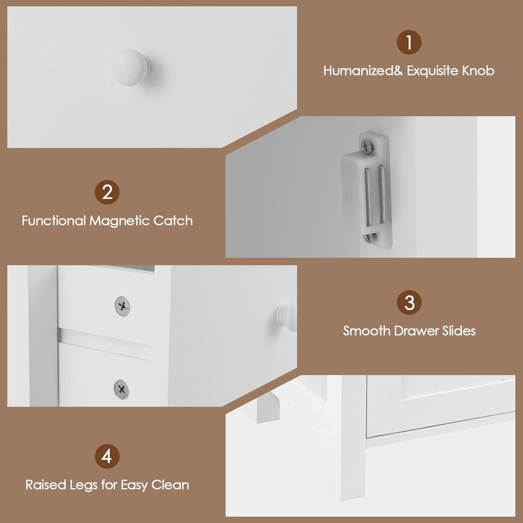 White Freestanding Wooden Bathroom Floor Cabinet, 1 Drawer & 1 Cabinet & 1 Open Shelf, Pack of 2 I74508