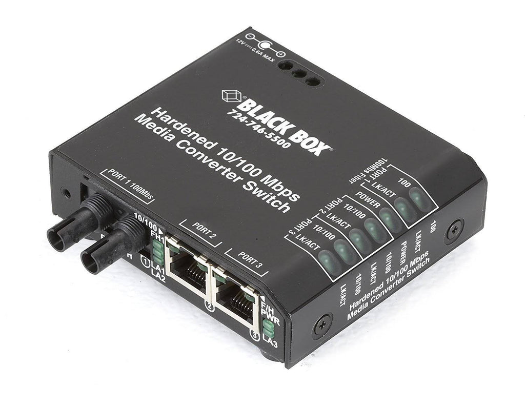 Black Box Hardened Media Converter Switch 12-VDC - RJ-45 to ST Multi-Mode Fiber Media Converter - 100 Mbps N772893