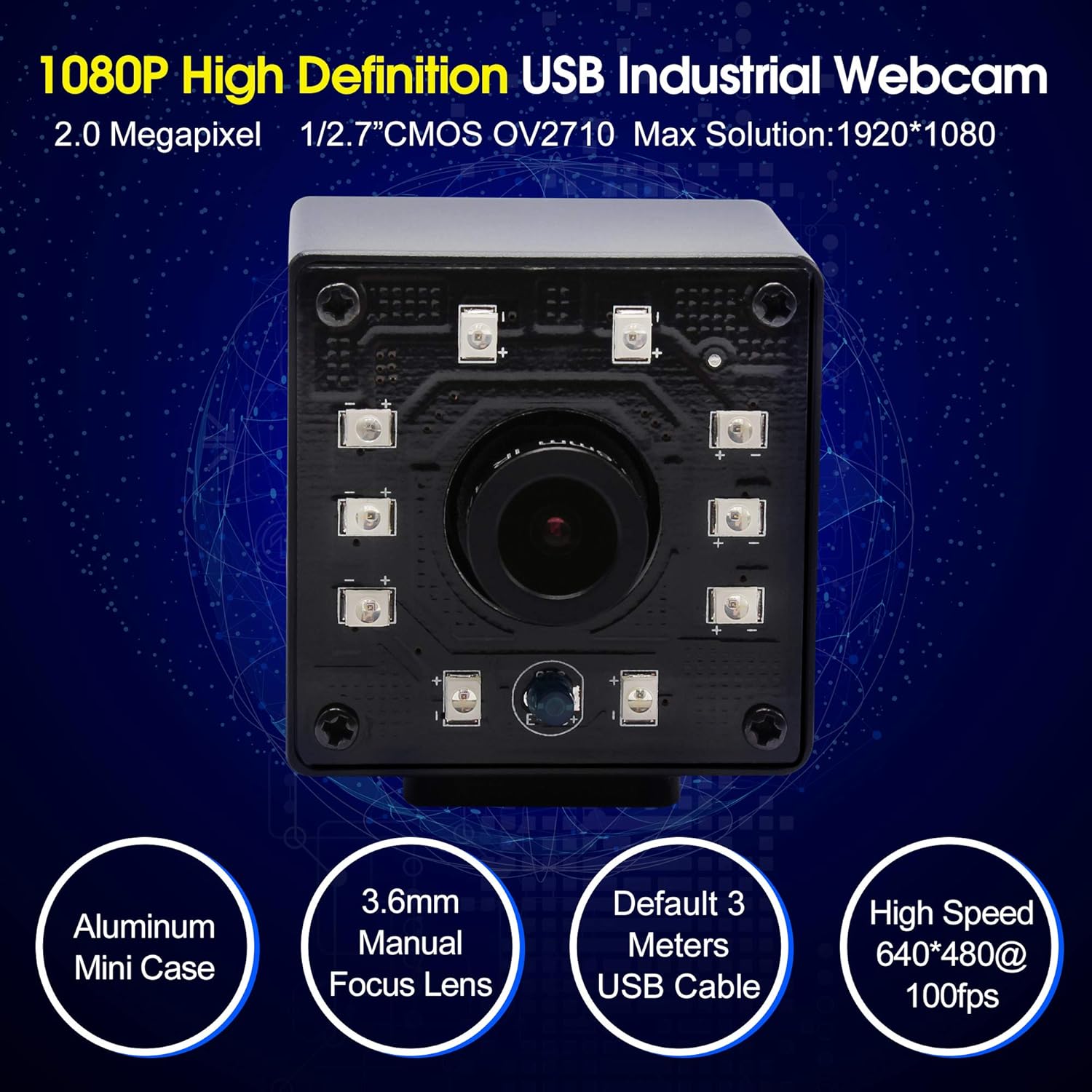 100fps Night Vision USB Camera 1080P Webcam with IR Cut and 3.6mm Lens W55155