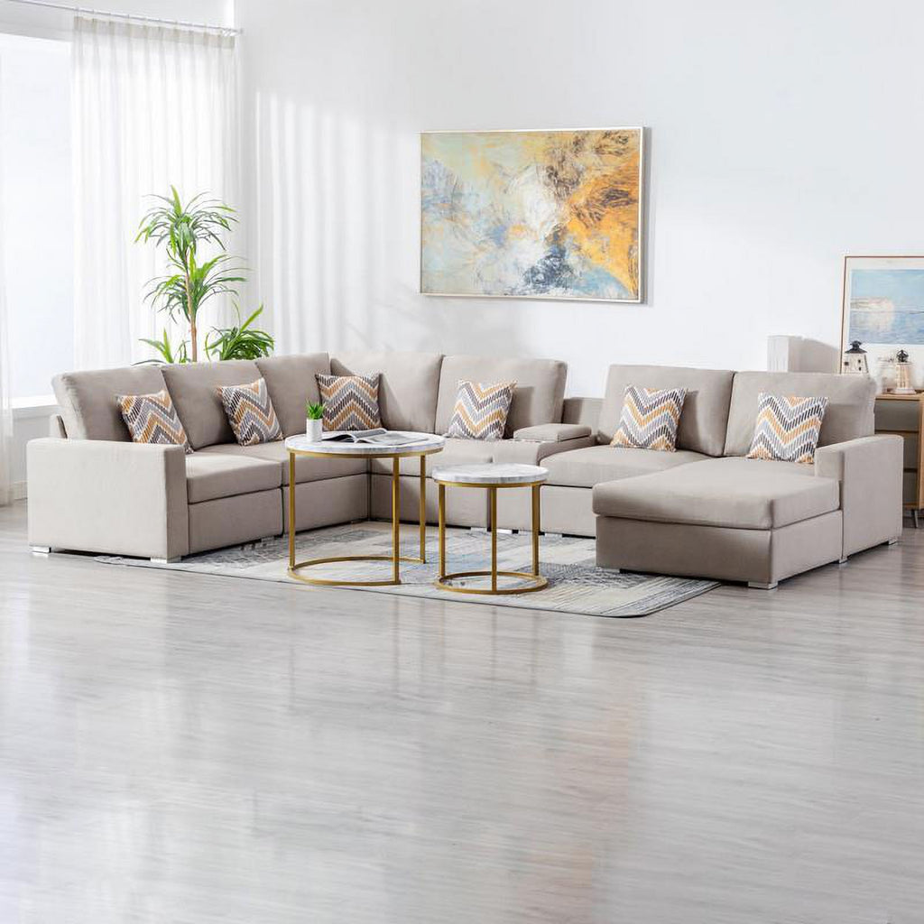 Beige Fabric Reversible Sectional with Charging Port and Storage Console O1857
