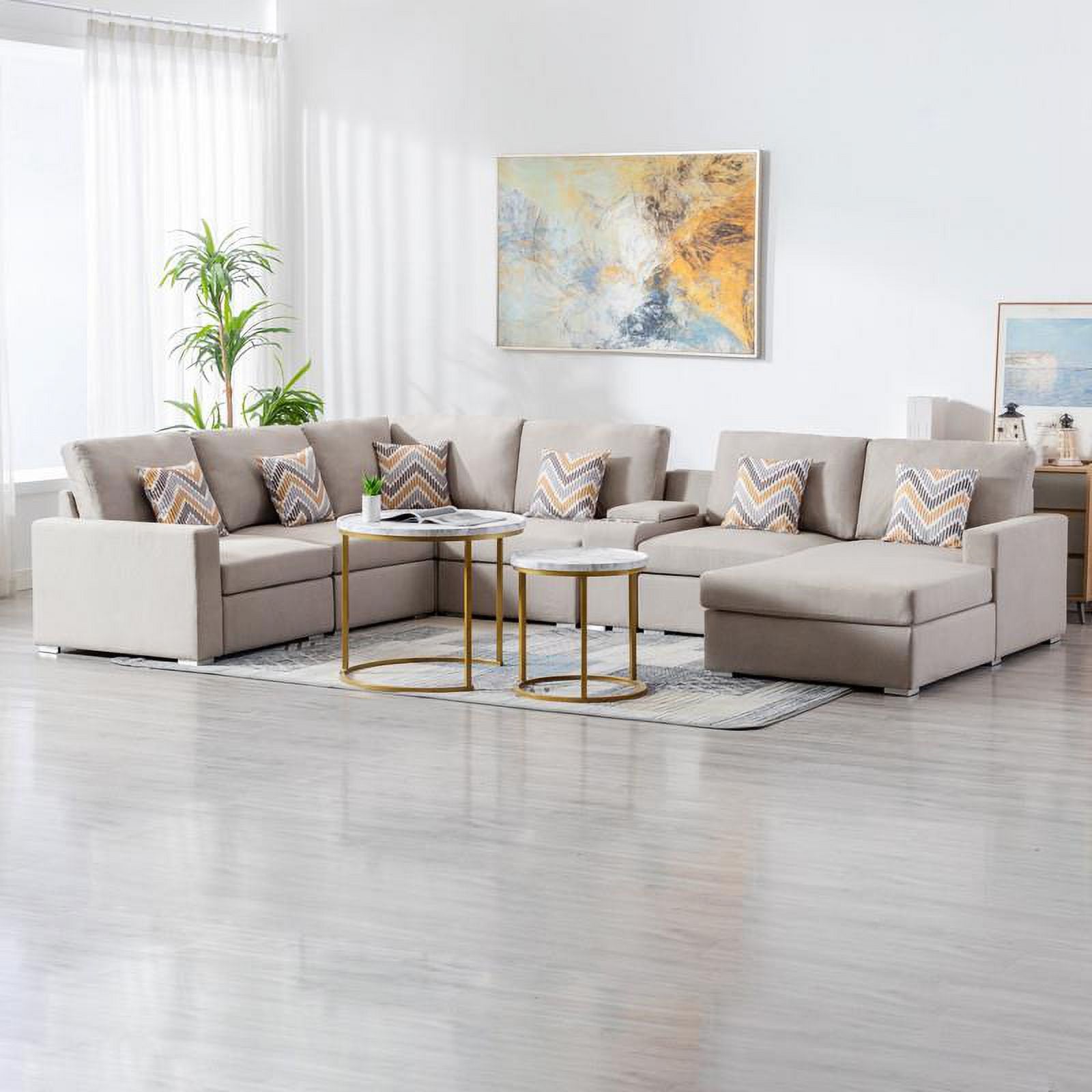 Beige Fabric Reversible Sectional with Charging Port and Storage Console O1857