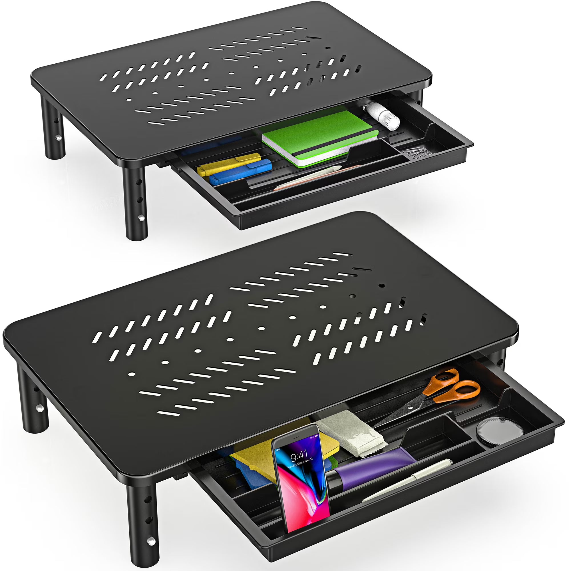 Black Metal Dual Monitor Stand with Drawer 2PK S25376
