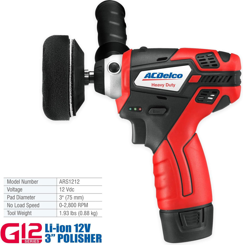 12V Cordless 3" Mini Polisher Tool Set with 2 Li-ion Batteries, Charger, and Accessory Kit G552