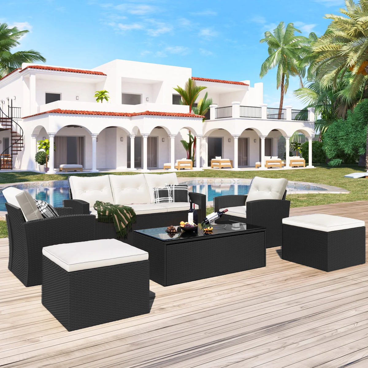 Black Wicker Patio Outdoor Sectional Set with Coffee Table and Removable Cushions E82667
