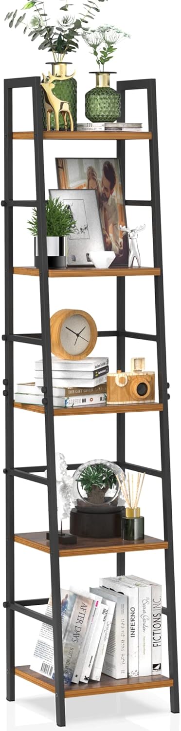 5-Tier Rustic Wood and Metal Ladder Shelf Bookcase O925