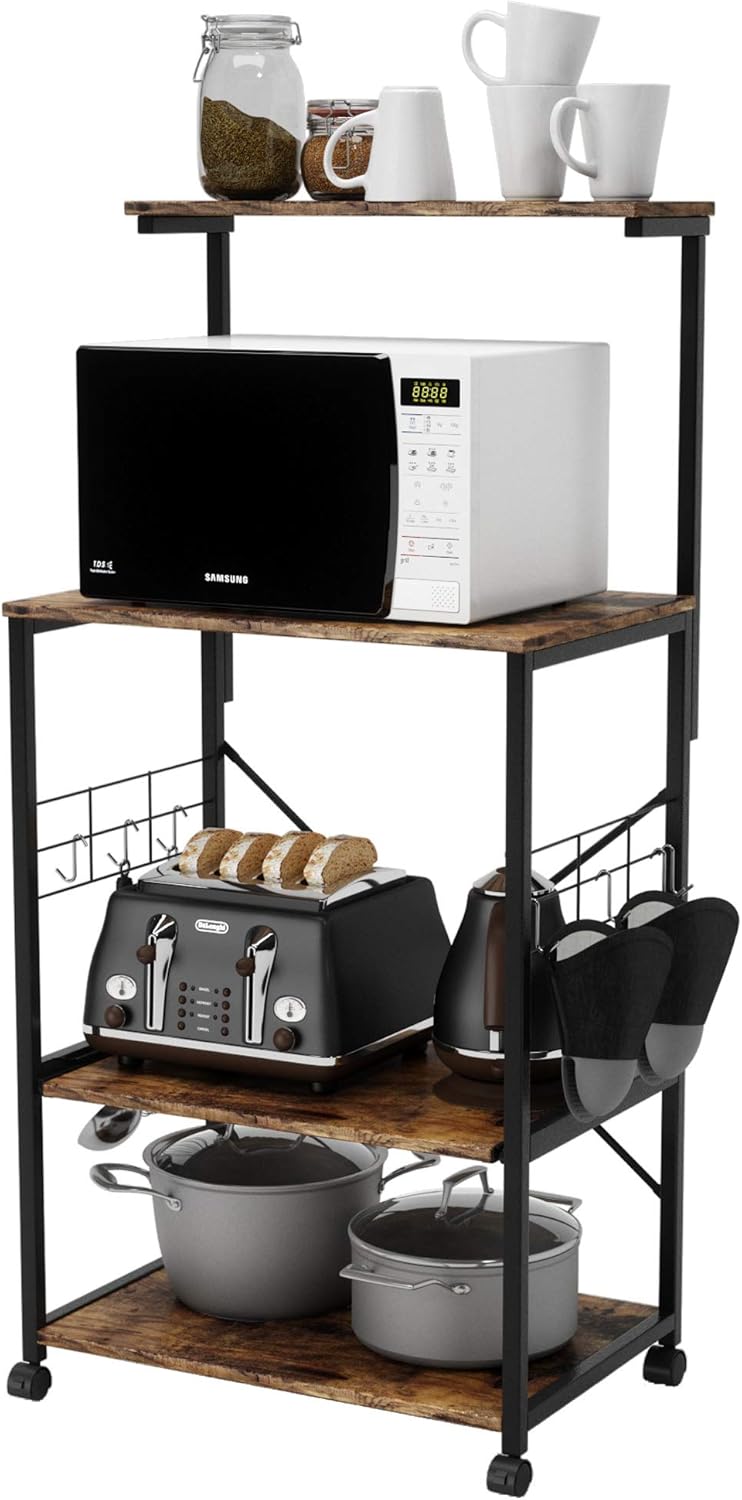 Rustic Brown 4 Tier Rolling Kitchen Cart with Storage Shelf T696