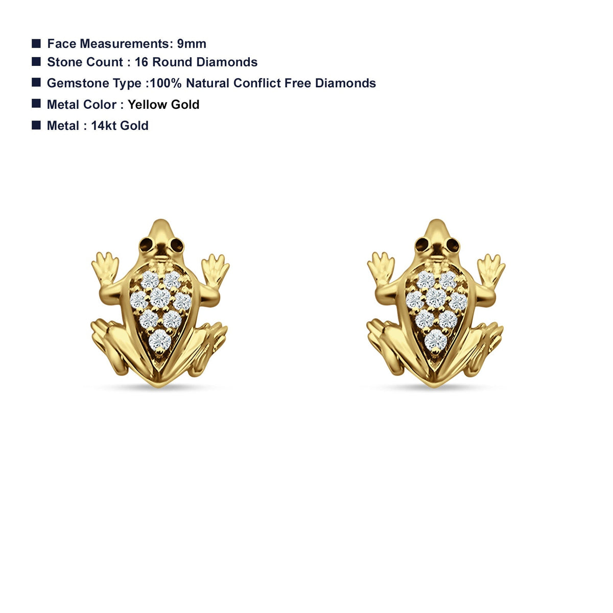 14K Yellow Gold Frog Stud Earrings E144