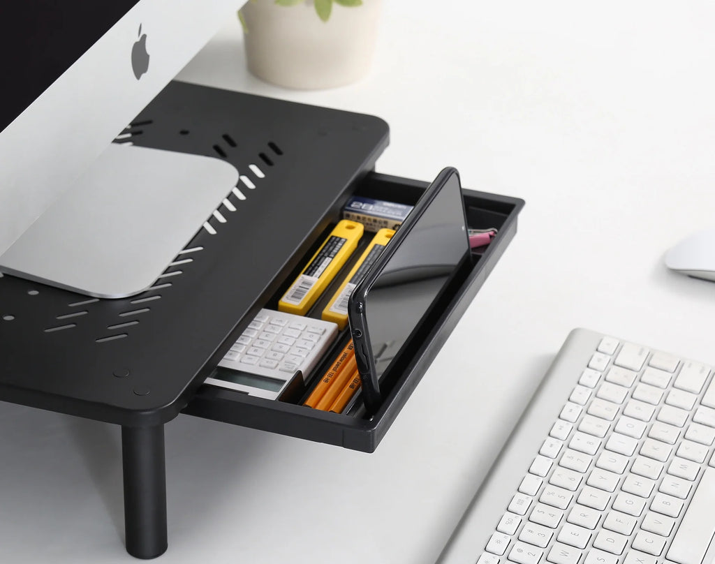 Black Metal Dual Monitor Stand with Drawer 2PK S25376