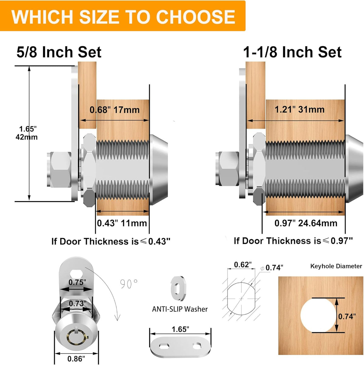 6 Pack 1-1/8 Zinc Alloy Cabinet Cam Locks with Keys A18364
