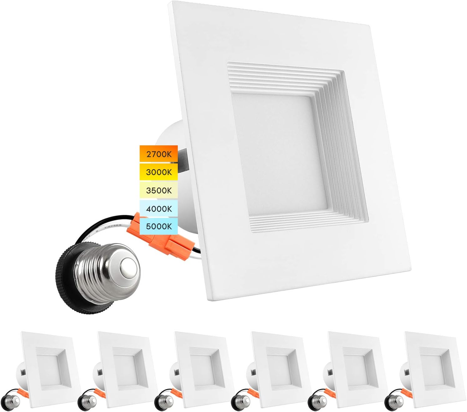 4 Inch Square Recessed LED Can Lights, 750 Lumens, Dimmable, Wet Rated, Baffle Trim, 6 Pack R3672