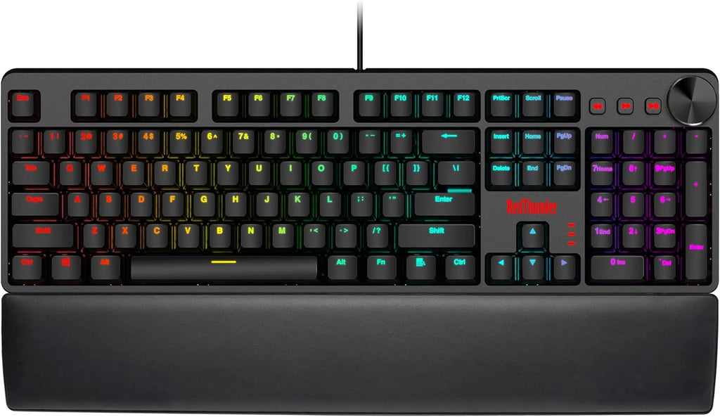 RedThunder K55 Mechanical Gaming Keyboard, Quiet Red Switch, Chroma RGB Lighting, Soft Leather Wrist-Rest, Standard Full Size Wired Keyboard with Dedicated Media Keys & Dial for PC M100683