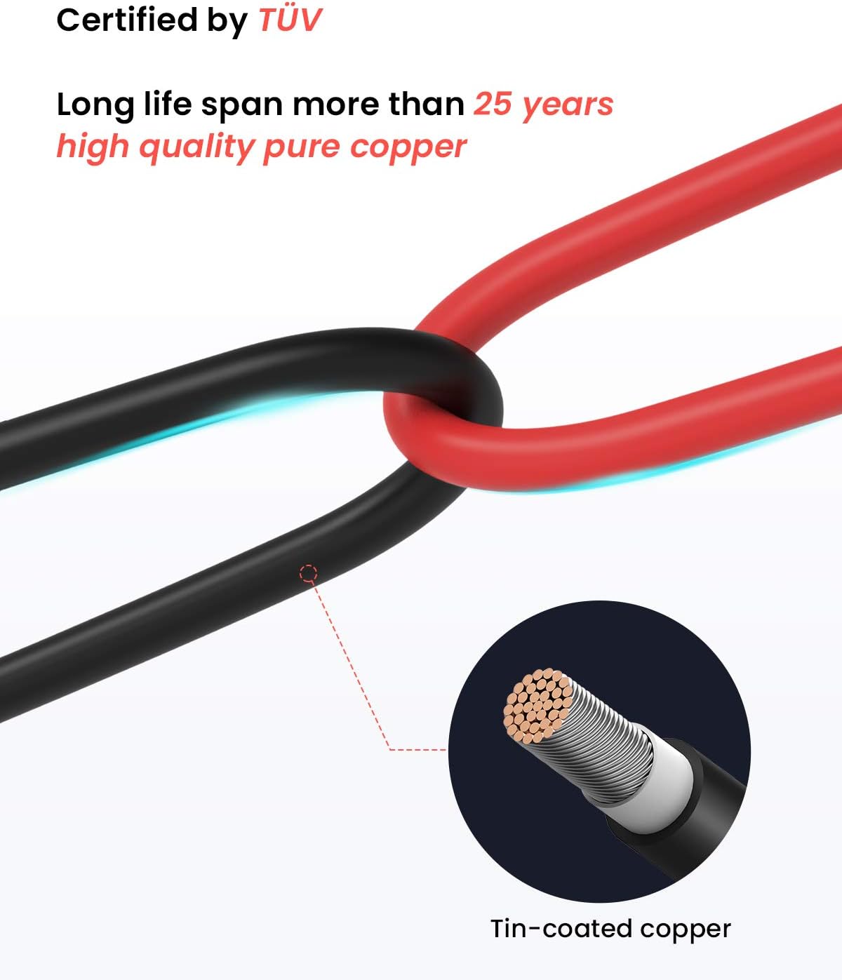 50 Feet 10AWG Solar Extension Cable with Female and Male Connector, Red and Black Z761