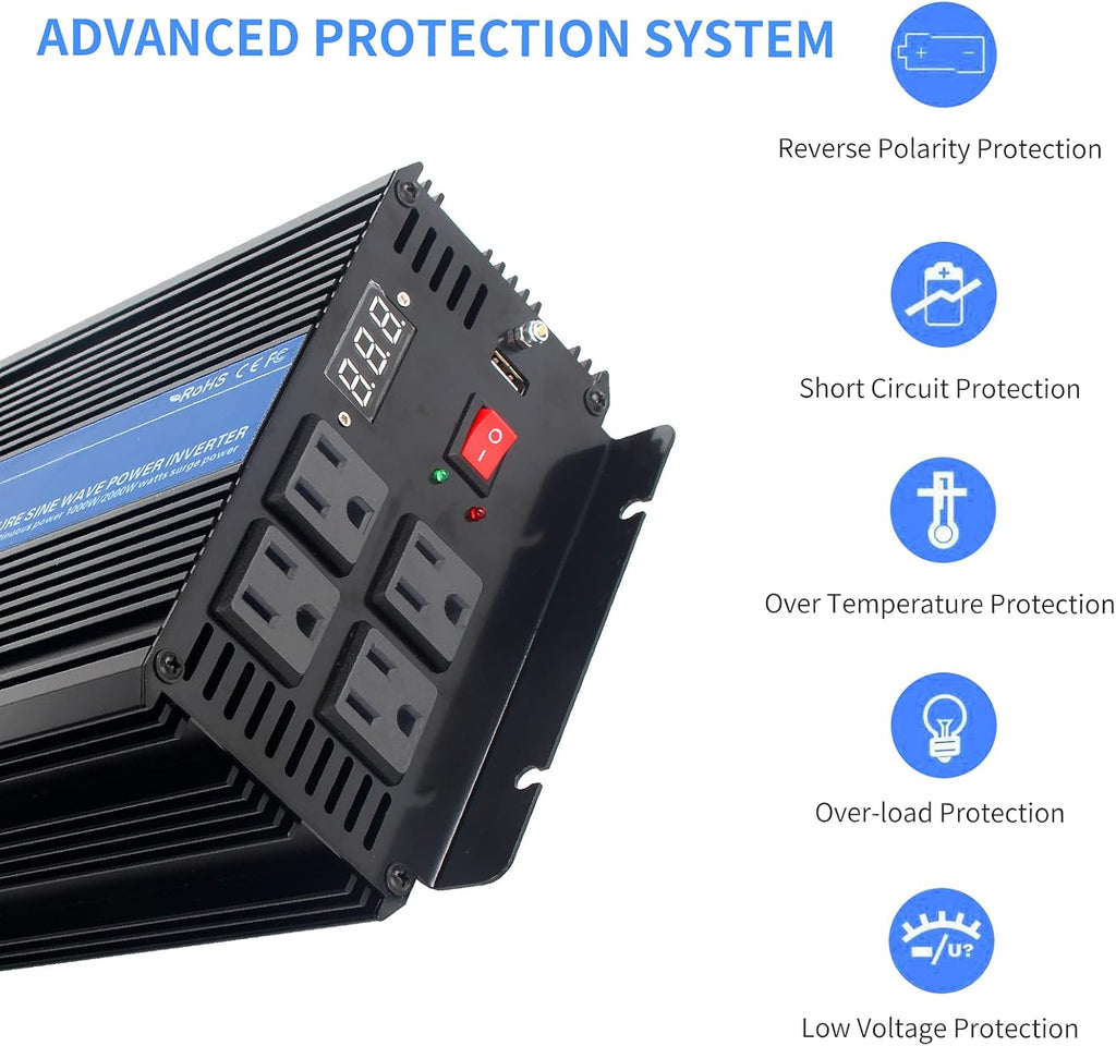 1000W Pure Sine Wave Power Inverter DC 12V to AC 110V with 4 AC Outlets and 1 USB Port Y91856