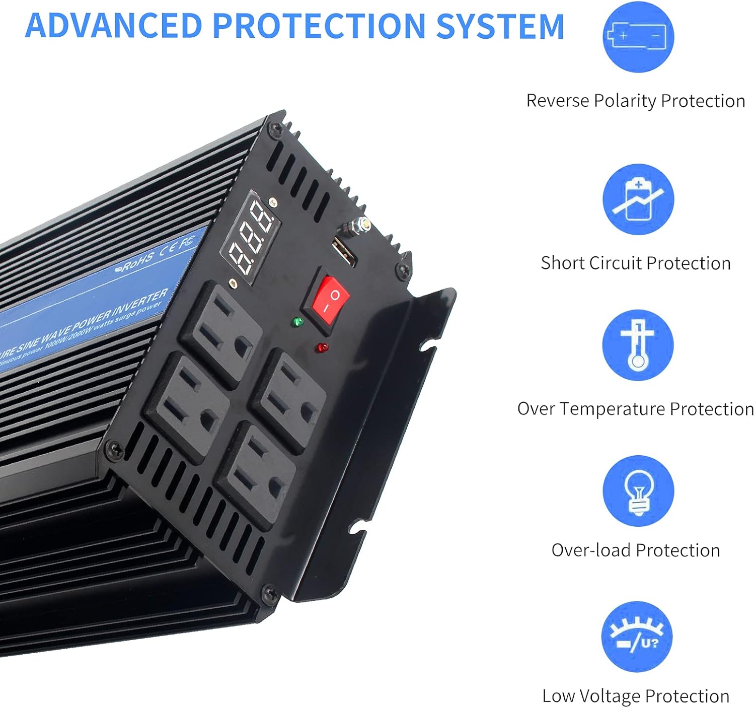 1000W Pure Sine Wave Power Inverter DC 12V to AC 110V with 4 AC Outlets and 1 USB Port Y91856