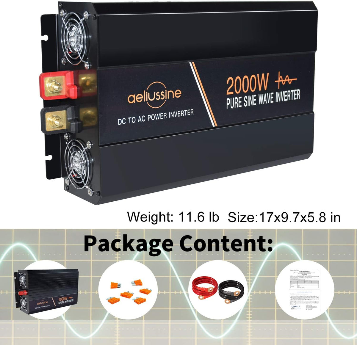 2000 Watt Pure Sine Wave Power Inverter 24V DC to AC 120V with LCD Display G839