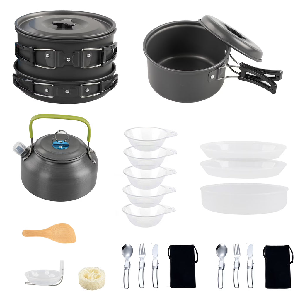 Non-Stick Camping Cookware Mess Kit with Pot, Pan, and Kettle K295
