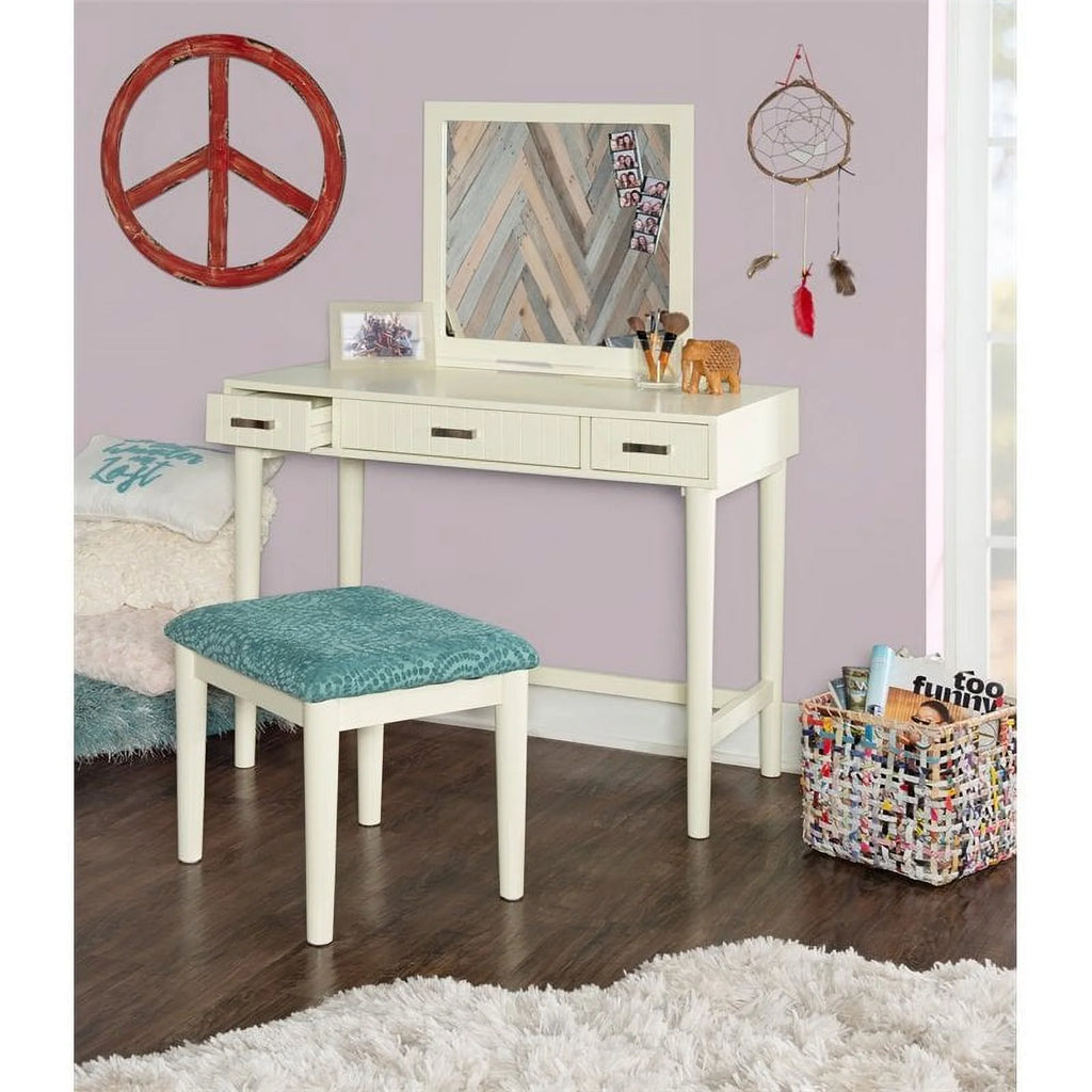 Off-White 3-Drawer Vanity Set with Green Swirl Upholstered Stool S9557